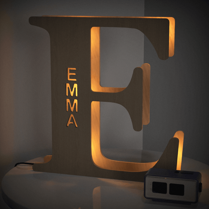 Personalized Enchanted Woodland Alphabet Lamp - Illuminated Wooden Letter 'E' with Custom Name 'Emma' - Perfect for Bedrooms and Nurseries