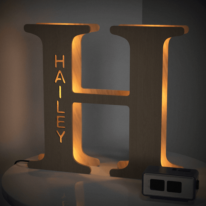 Illuminated 19cm wooden letter H with name Hailey, personalized night light for nurseries and bedrooms, warm glow Enchanted Woodland Alphabet Lamp