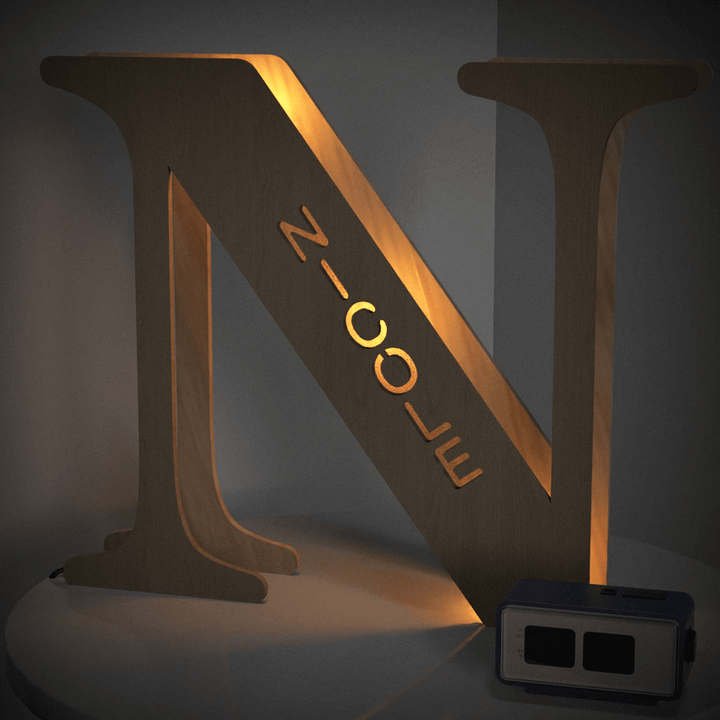 Enchanted Woodland Alphabet Lamp with letter N, warm glowing light, customizable wooden night light for personalized decor